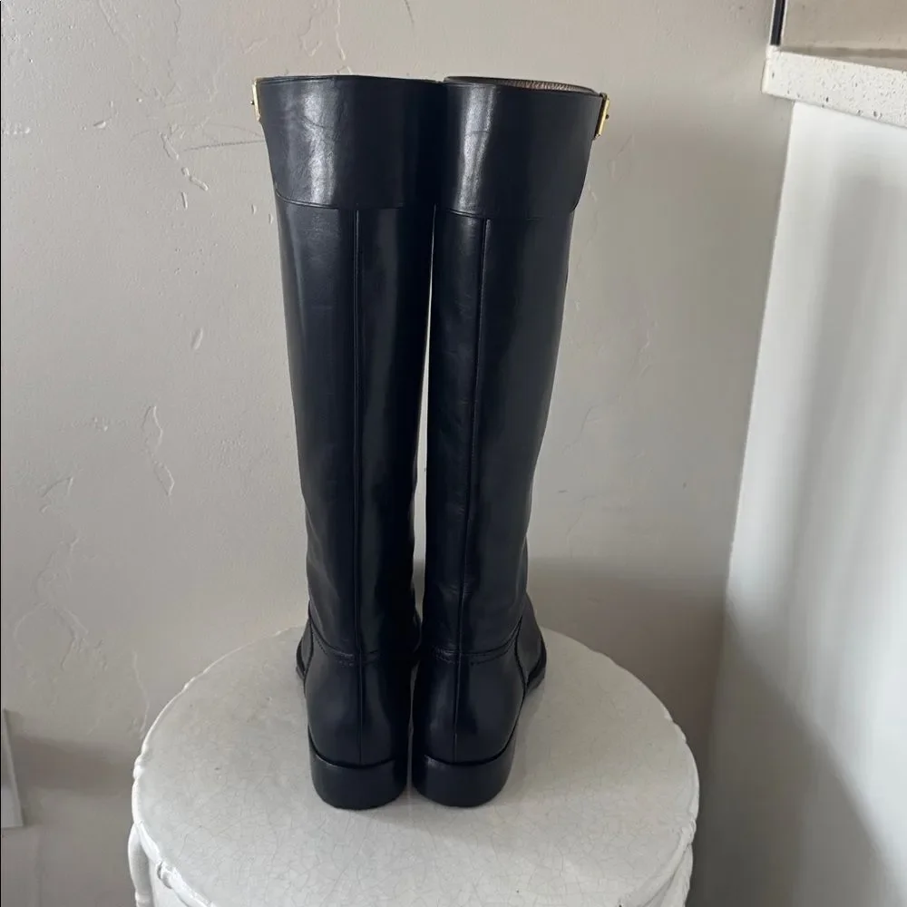 Mara Bini Black Knee-High Leather Boots Gold Buckle Sleek Pull-On Design Size 37